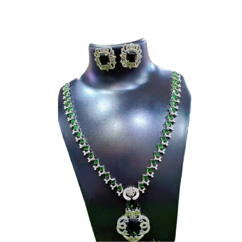 Silver Plated Green Stone Necklace Set with Earrings – Designer American Diamond Jewelry for Women