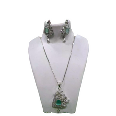 Green Stone Pendant Necklace Set with Earrings | Premium A D Party Jewelry for Women