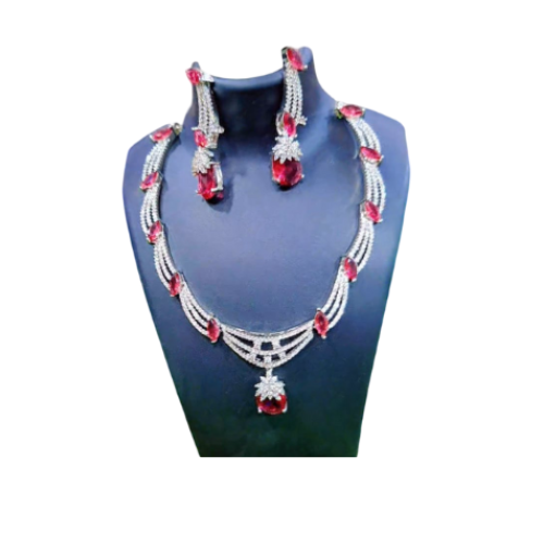 Red Stone Drop Necklace Set with Earrings | American Diamond Bridal Jewelry Set for Women