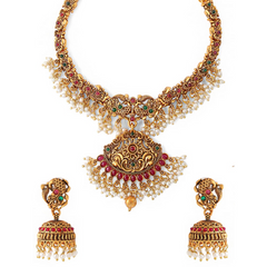Latest Traditional Temple Necklace Jewellery Set with Jhumka Earrings for Women and Girls