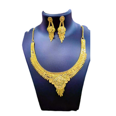 Antique Gold Plated Temple Necklace Set with Earrings – Traditional Indian Bridal Jewelry – South Indian Style for Weddings & Festival