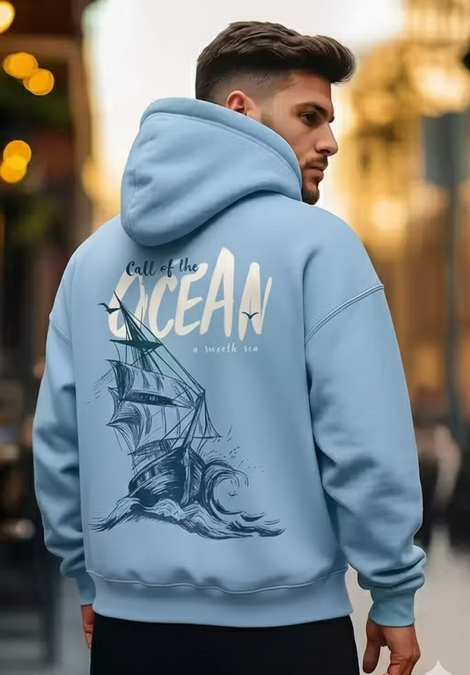 Men's "Call of the Ocean" Hoodie - Light Blue Nautical Ship Sweatshirt