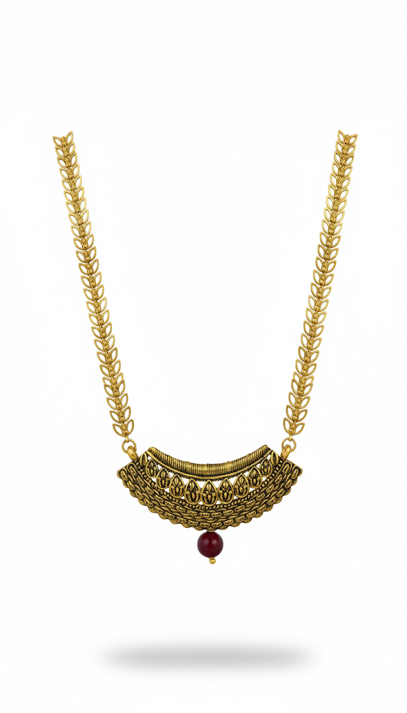 Antique Golden-Plated Temple Design Magalsutra with Red Bead Pendant